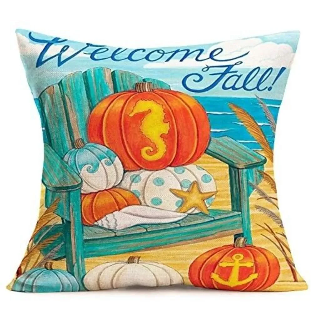 Set of 4 Welcome Fall Throw Pillow Covers Cotton Linen Ocean Beach Theme 18